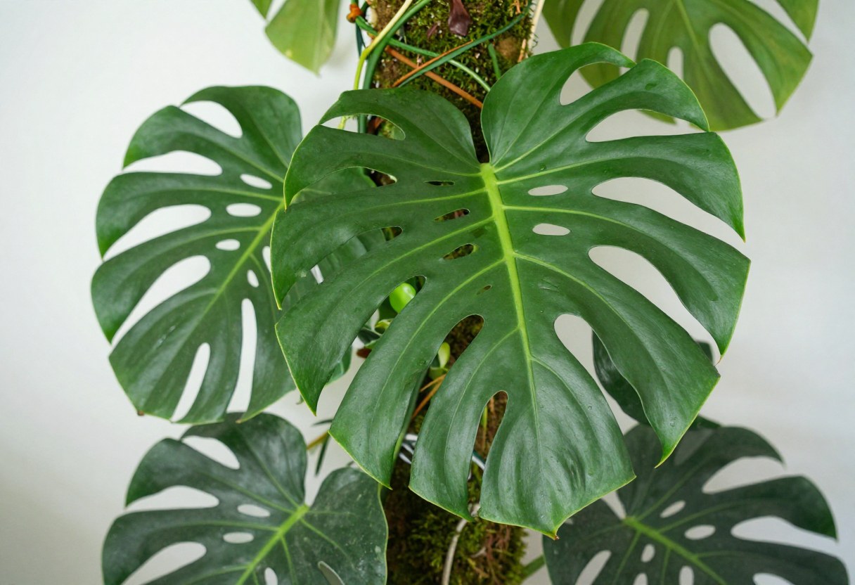 Large fenestrated Monstera deliciosa leaves climbing a moss pole indoors