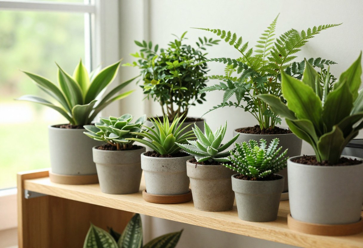 A shelf filled with a curated collection of healthy houseplants in varying pot sizes near a bright window