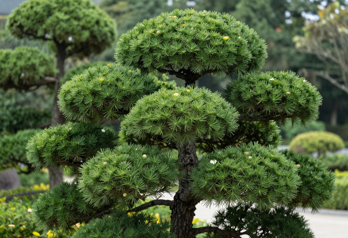 A Japanese black pine trained into distinct cloud-shaped pads of foliage with visible empty space between them