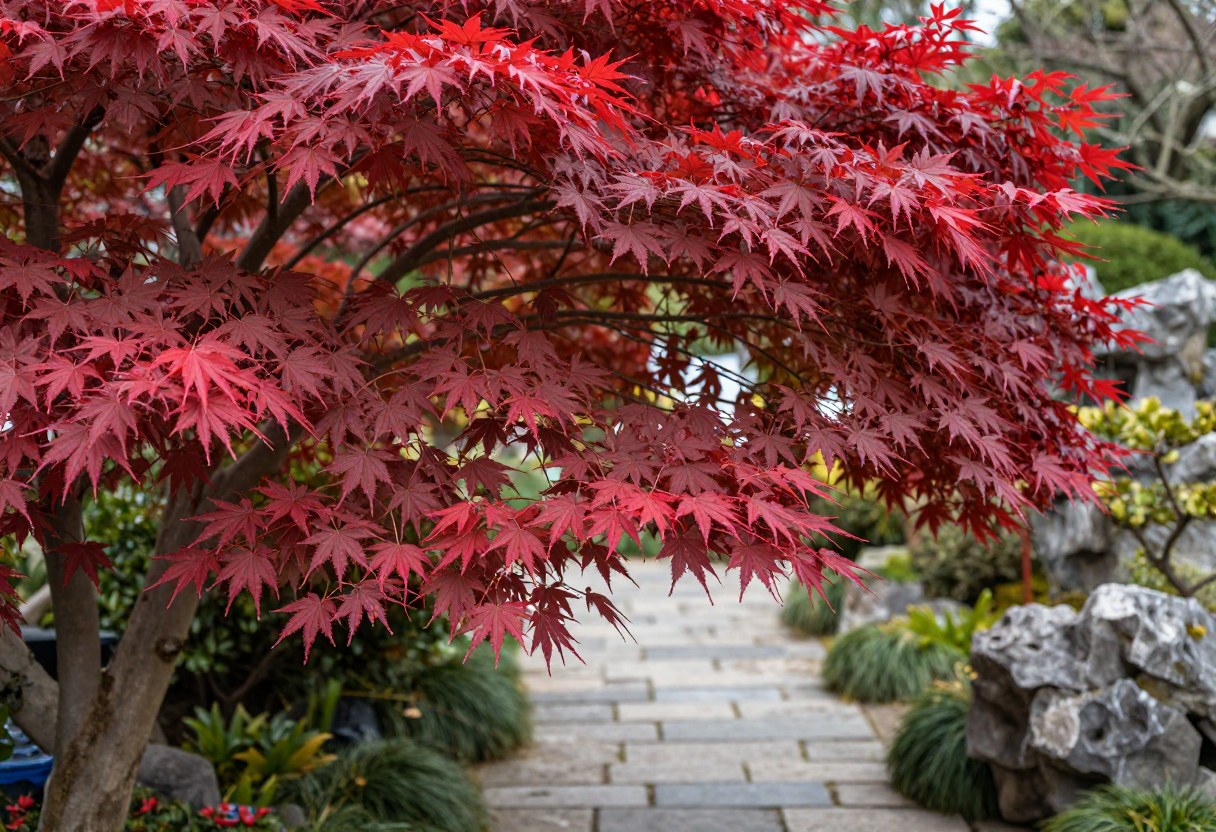 A Japanese maple tree with brilliant red lace-like foliage arching over a garden path