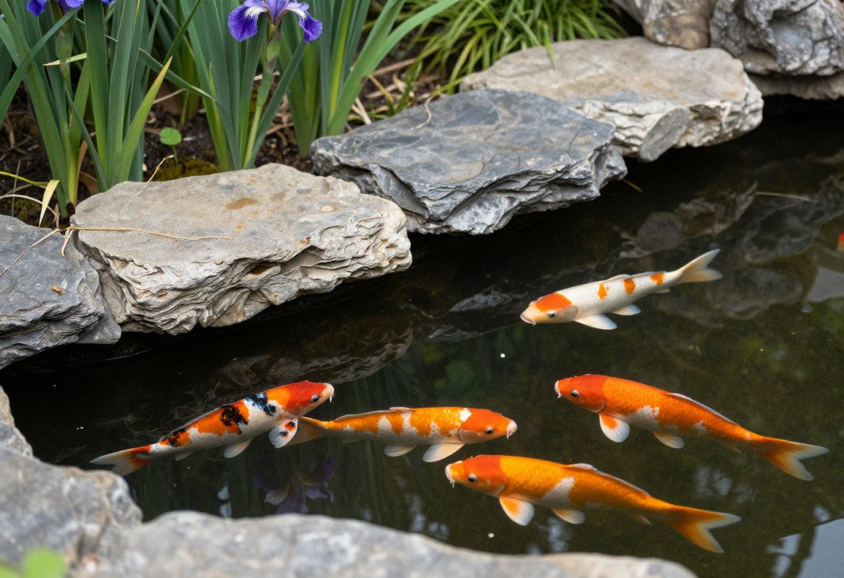 Koi swimming near a garden pond edge where flat stones meet the water and iris grows at the waterline