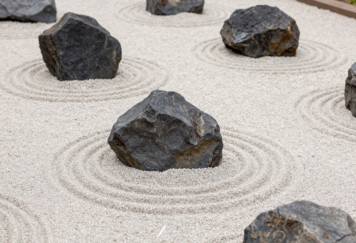A dry Japanese rock garden with white gravel raked into concentric rippled patterns around dark stones