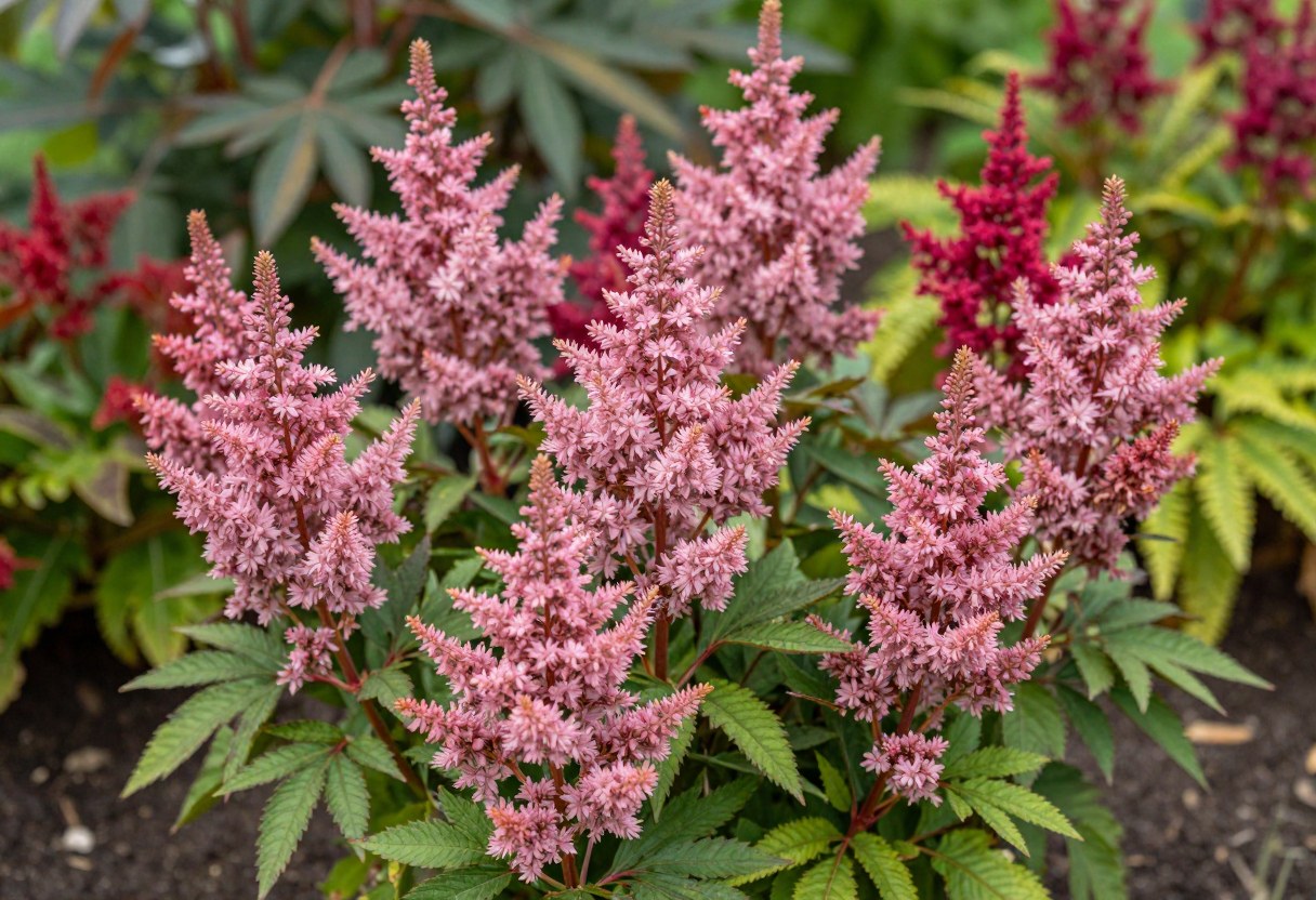 Feathery pink and red astilbe plumes blooming in a shaded garden bed