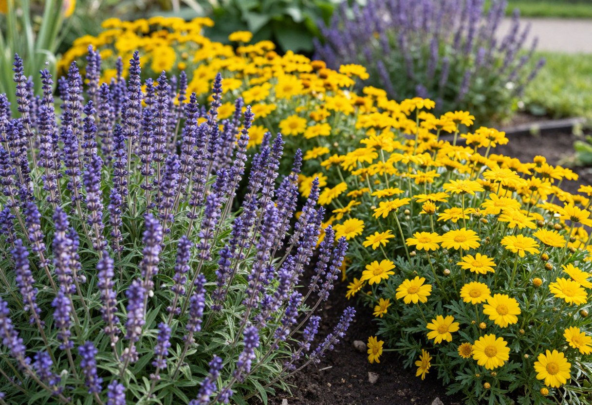 A garden border combining purple catmint and salvia with golden rudbeckia and coreopsis