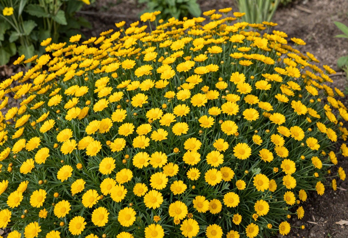 A dense mass planting of golden-yellow coreopsis flowers covering the ground in a sunny garden bed