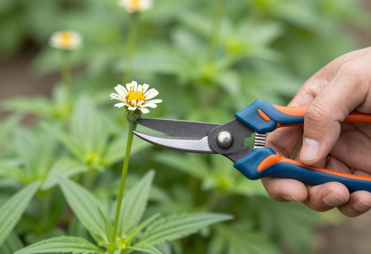 A gardener's hand using small shears to snip a spent flower from a perennial plant
