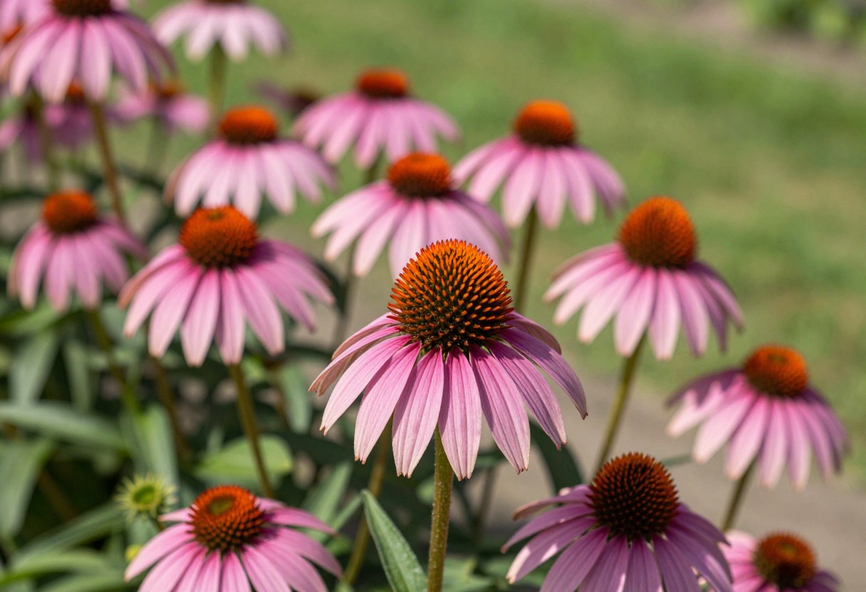 Pink-purple echinacea coneflowers blooming in a sunny perennial border