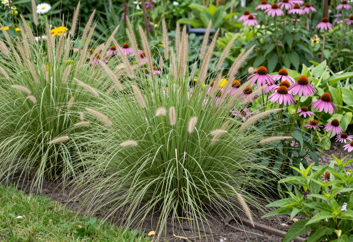 A thriving low-maintenance garden bed of native grasses and drought-tolerant perennials