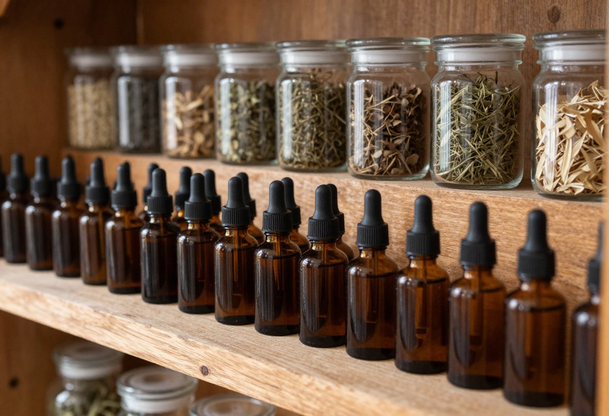 Rows of amber glass dropper bottles and dried herb jars arranged on a wooden apothecary shelf