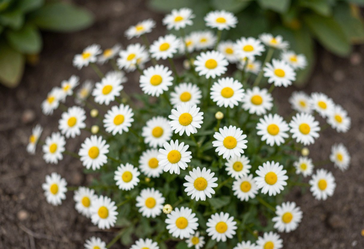Small white chamomile daisy flowers with yellow centers growing in a garden bed