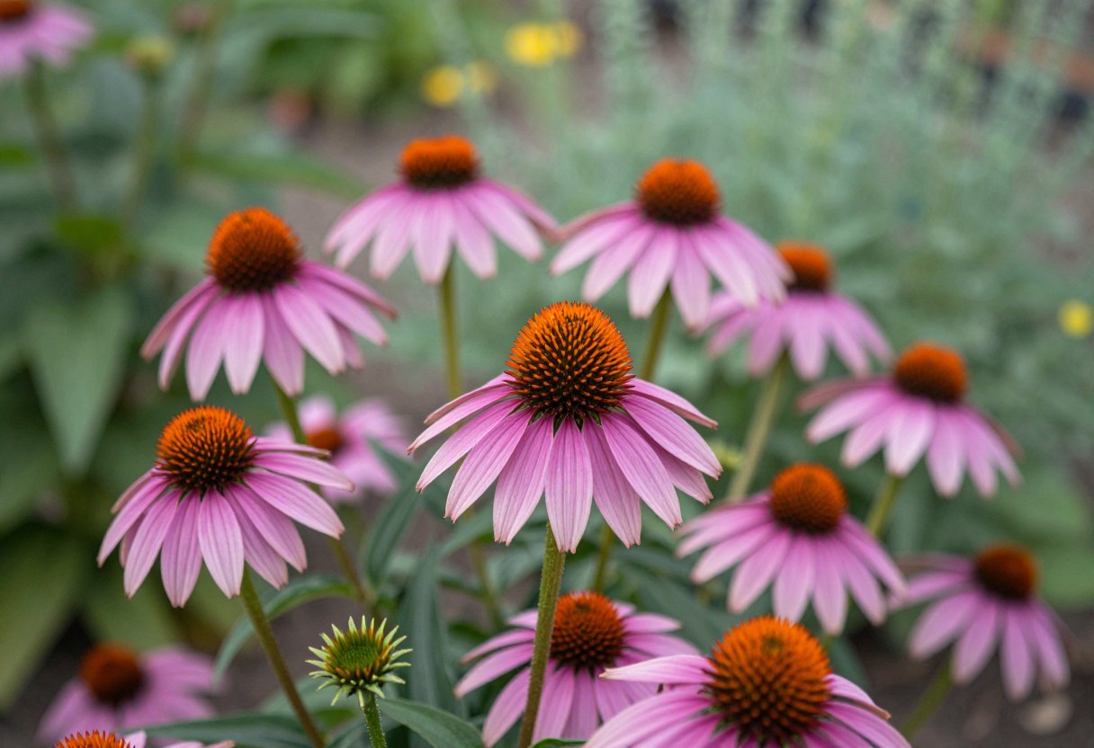 Purple echinacea coneflowers with raised orange centers blooming in a medicinal herb bed