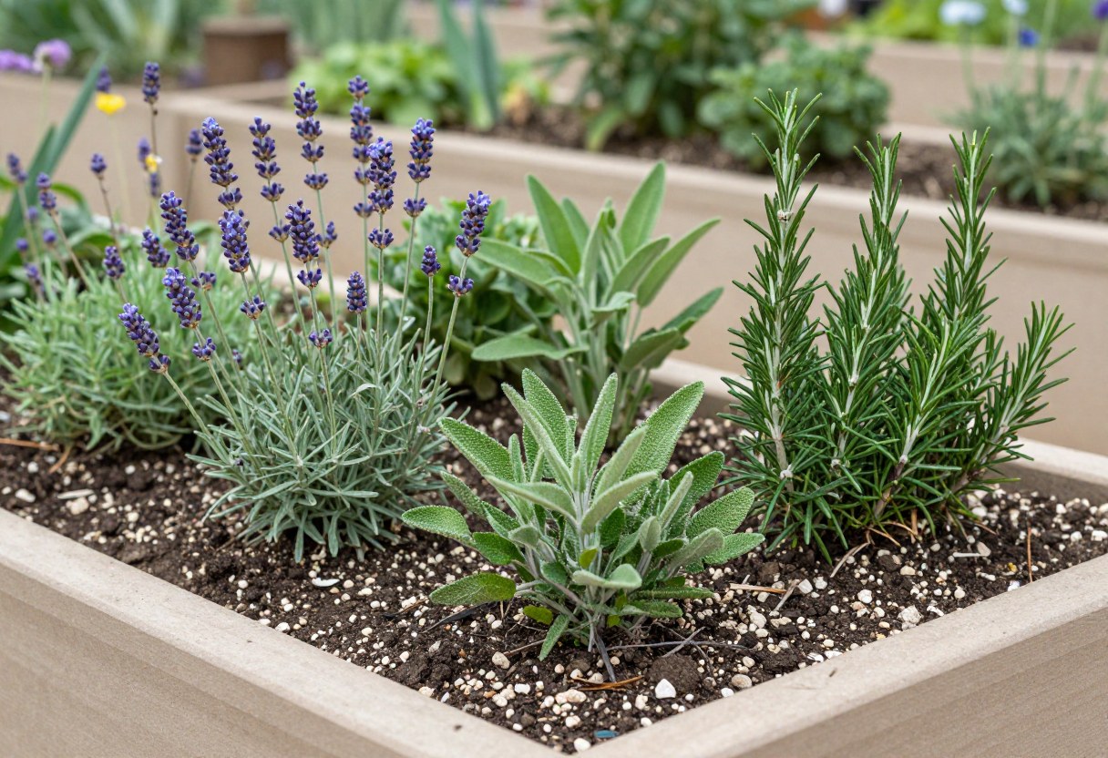 A raised garden bed of Mediterranean medicinal herbs including lavender, sage, and rosemary in lean gravelly soil