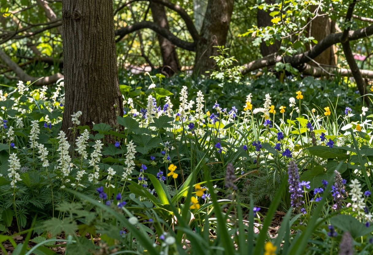 Shade-loving woodland medicinal plants growing beneath deciduous trees in dappled light