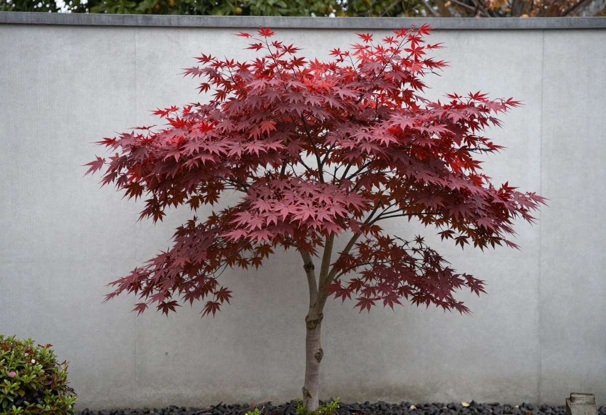 A single sculptural Japanese maple tree standing as a focal specimen against a plain concrete wall
