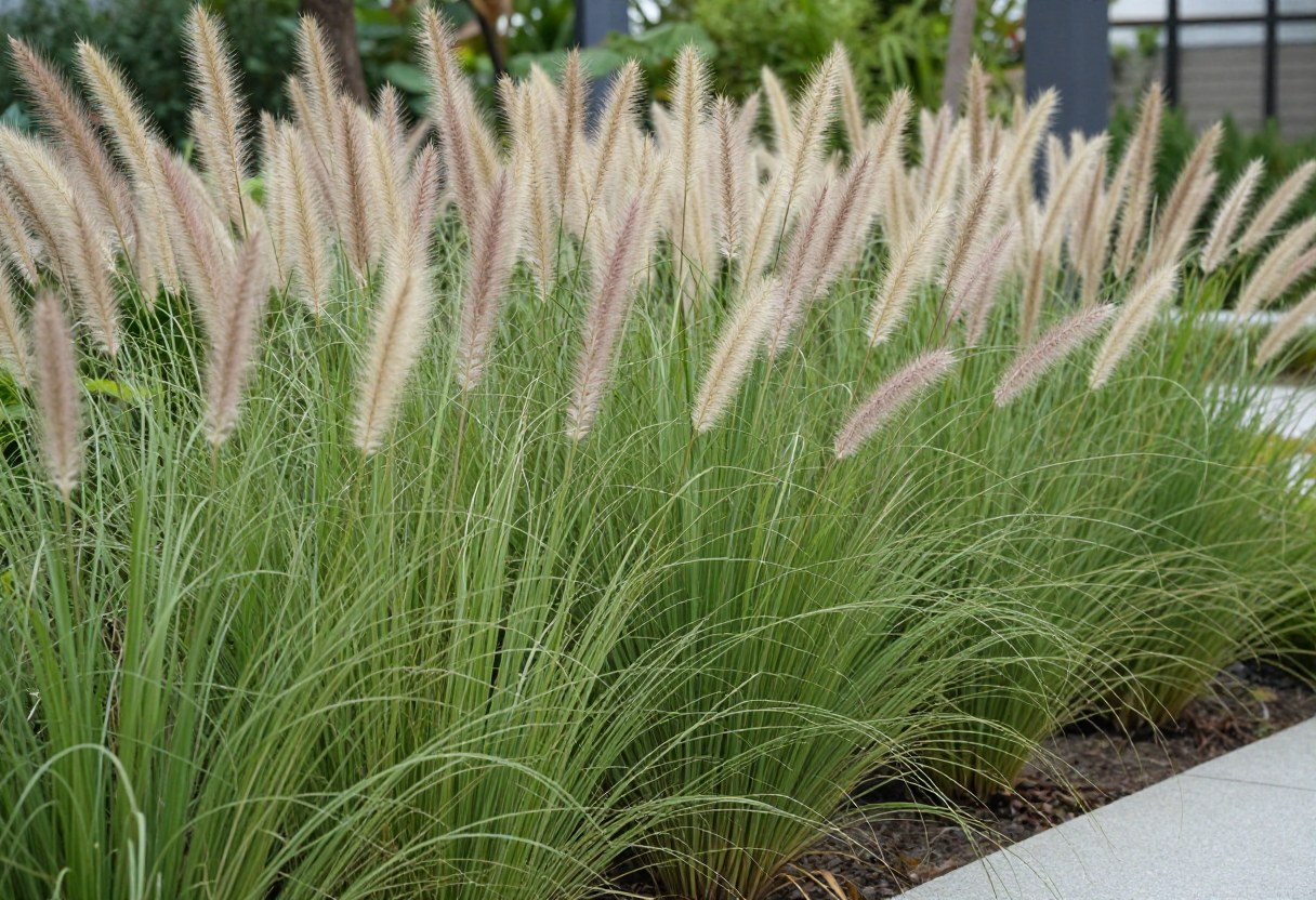 A mass planting of tall upright feather reed grass with feathery plumes in a contemporary garden bed