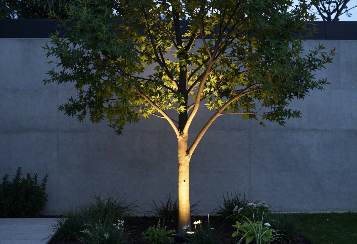 A specimen tree uplighted from below against a dark minimalist garden at dusk, concrete wall in the background