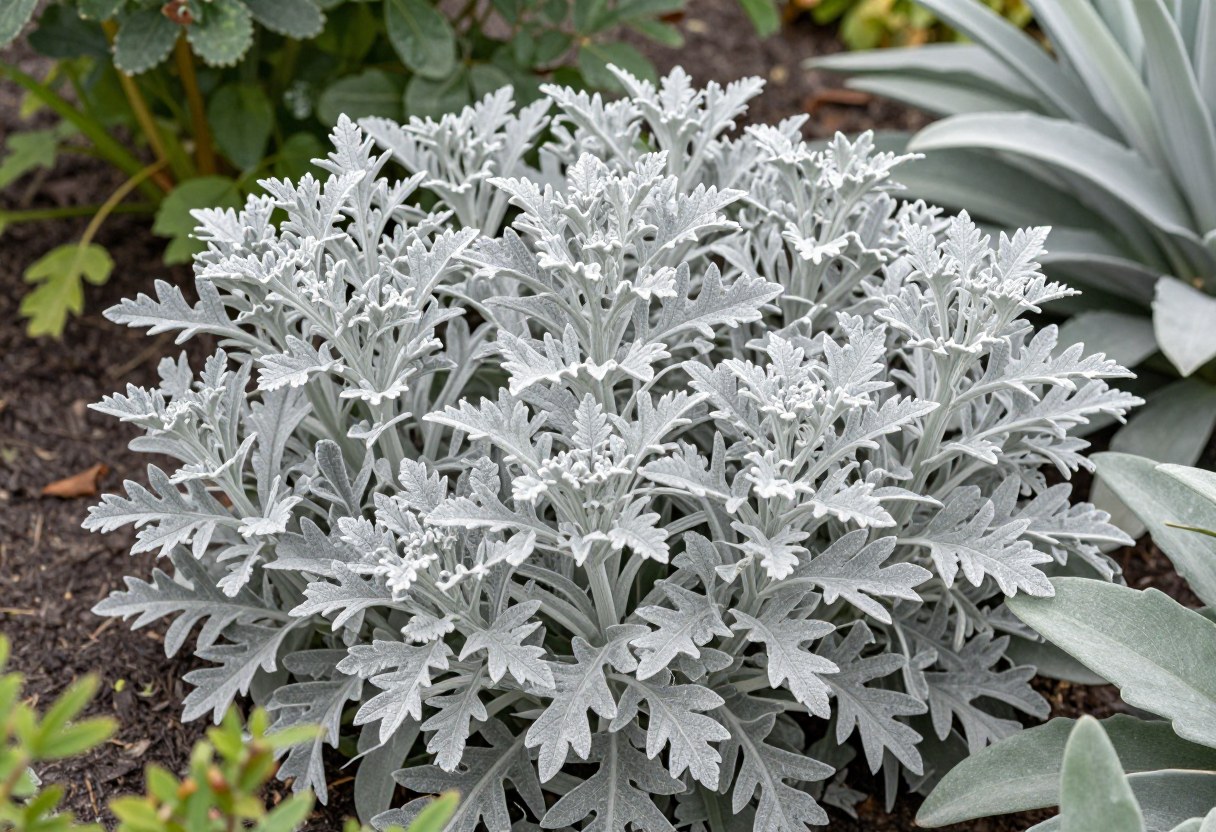 Silvery-gray artemisia and velvety lamb's ear foliage growing together in a garden border