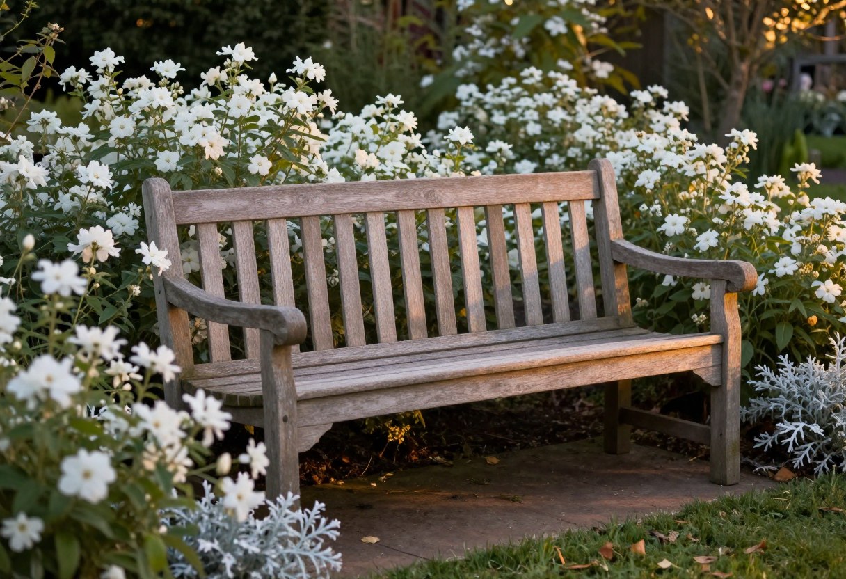 A comfortable garden bench surrounded by white flowers and silver foliage at twilight with soft lighting