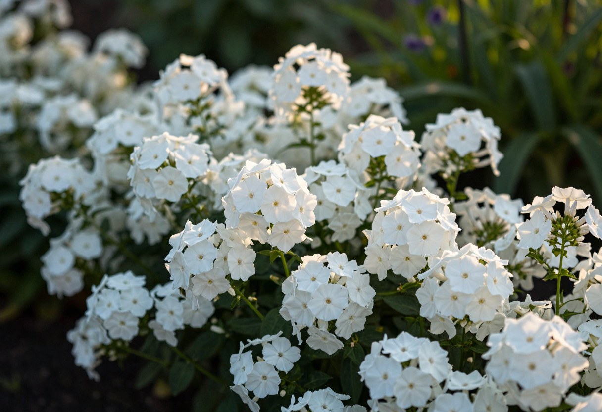 Clusters of bright white phlox flowers blooming densely in a garden border at dusk