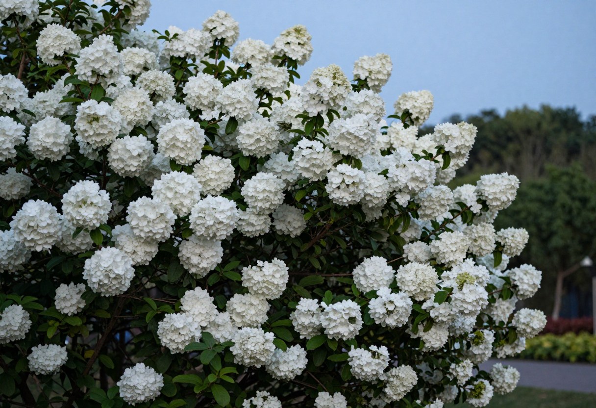 Massive white hydrangea mophead blooms glowing in a garden as evening light fades