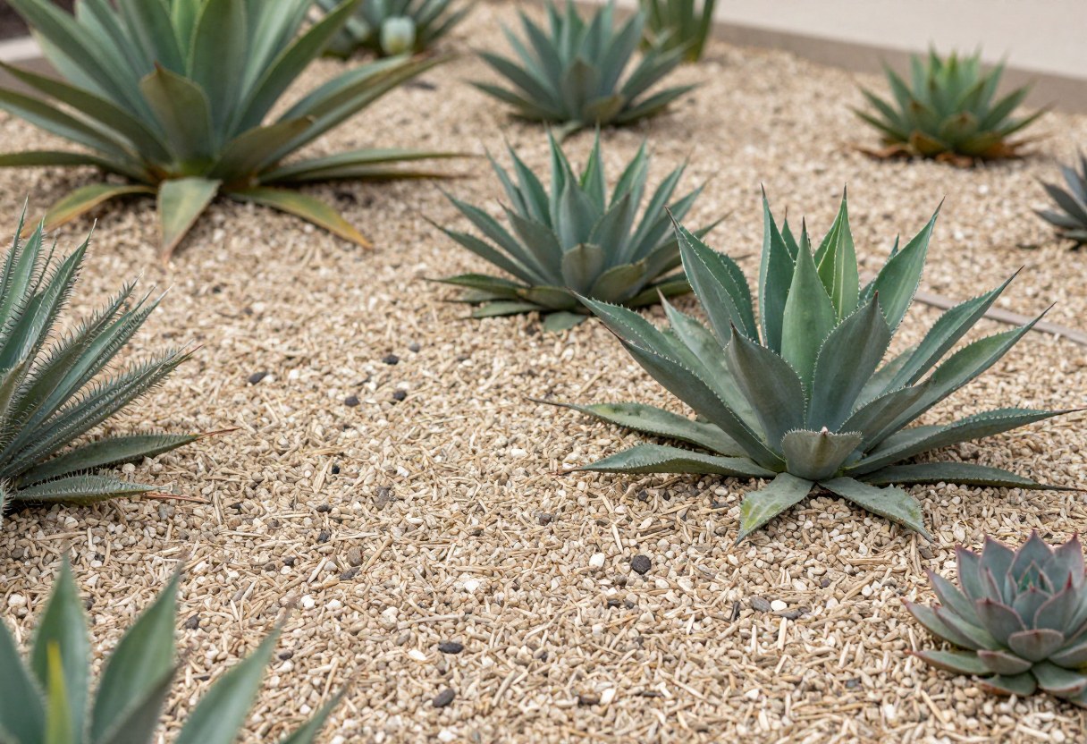 Tan decomposed granite gravel mulch surrounding drought-tolerant plants in a xeric garden bed