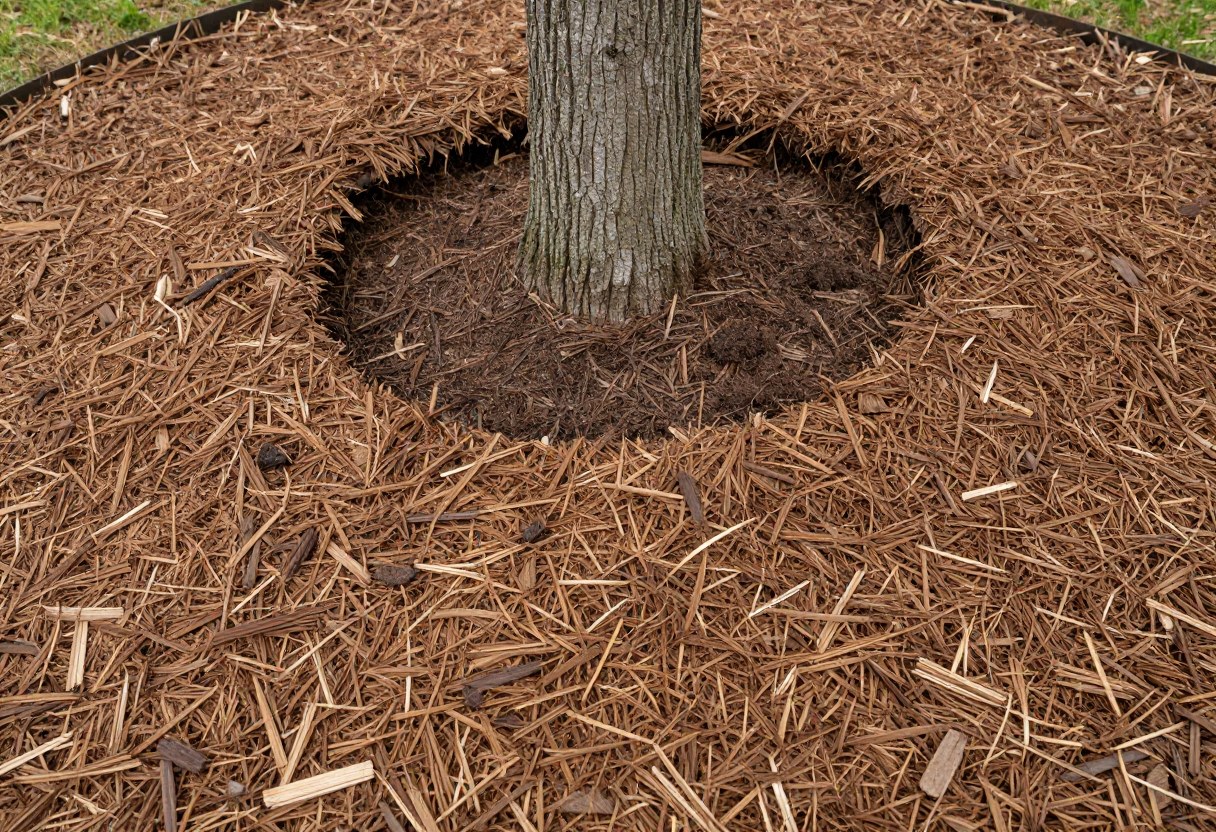 A tree base with a properly applied mulch ring showing a clear gap of bare soil between the mulch and the trunk