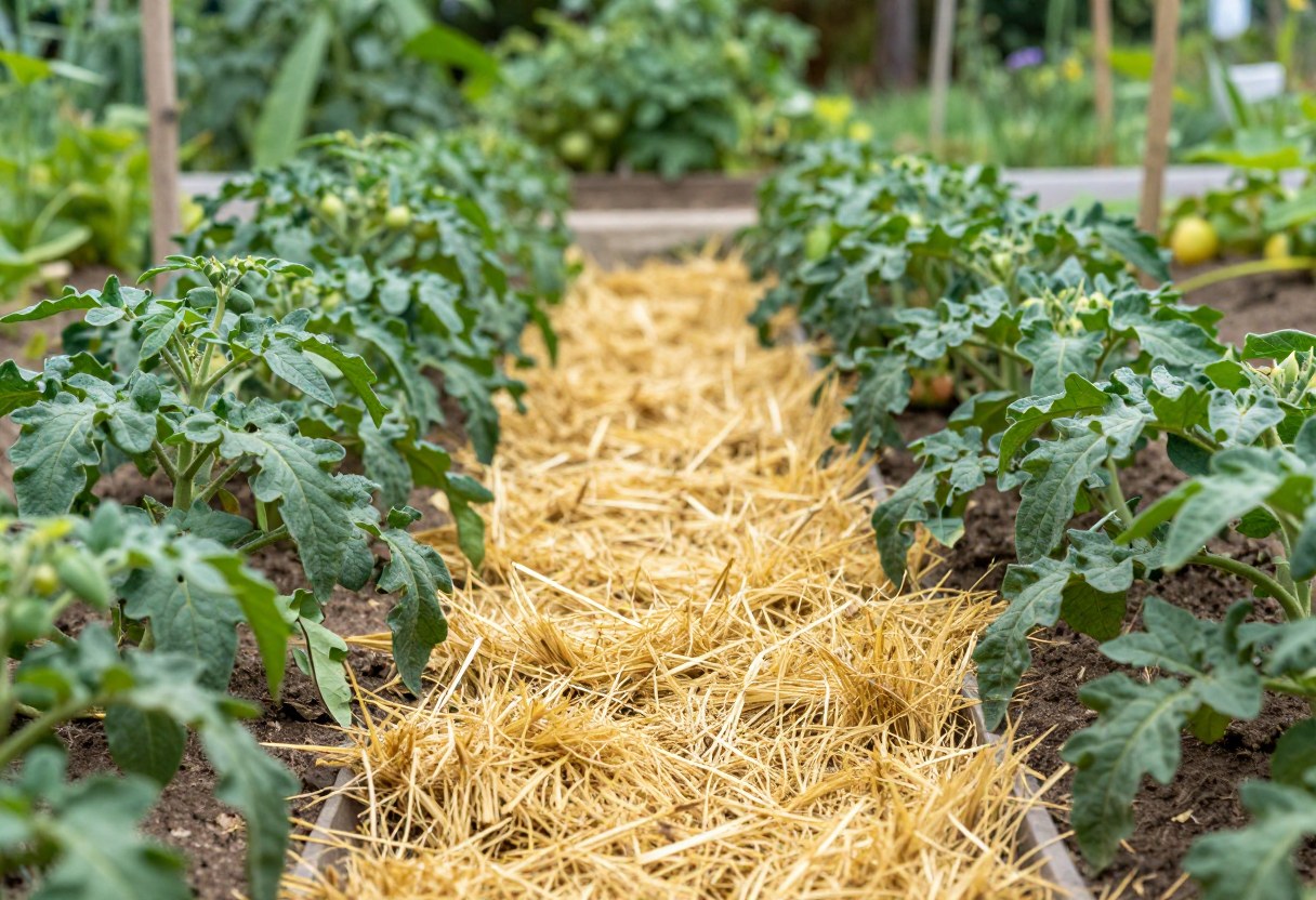 Golden straw mulch spread between rows of tomato plants in a vegetable garden