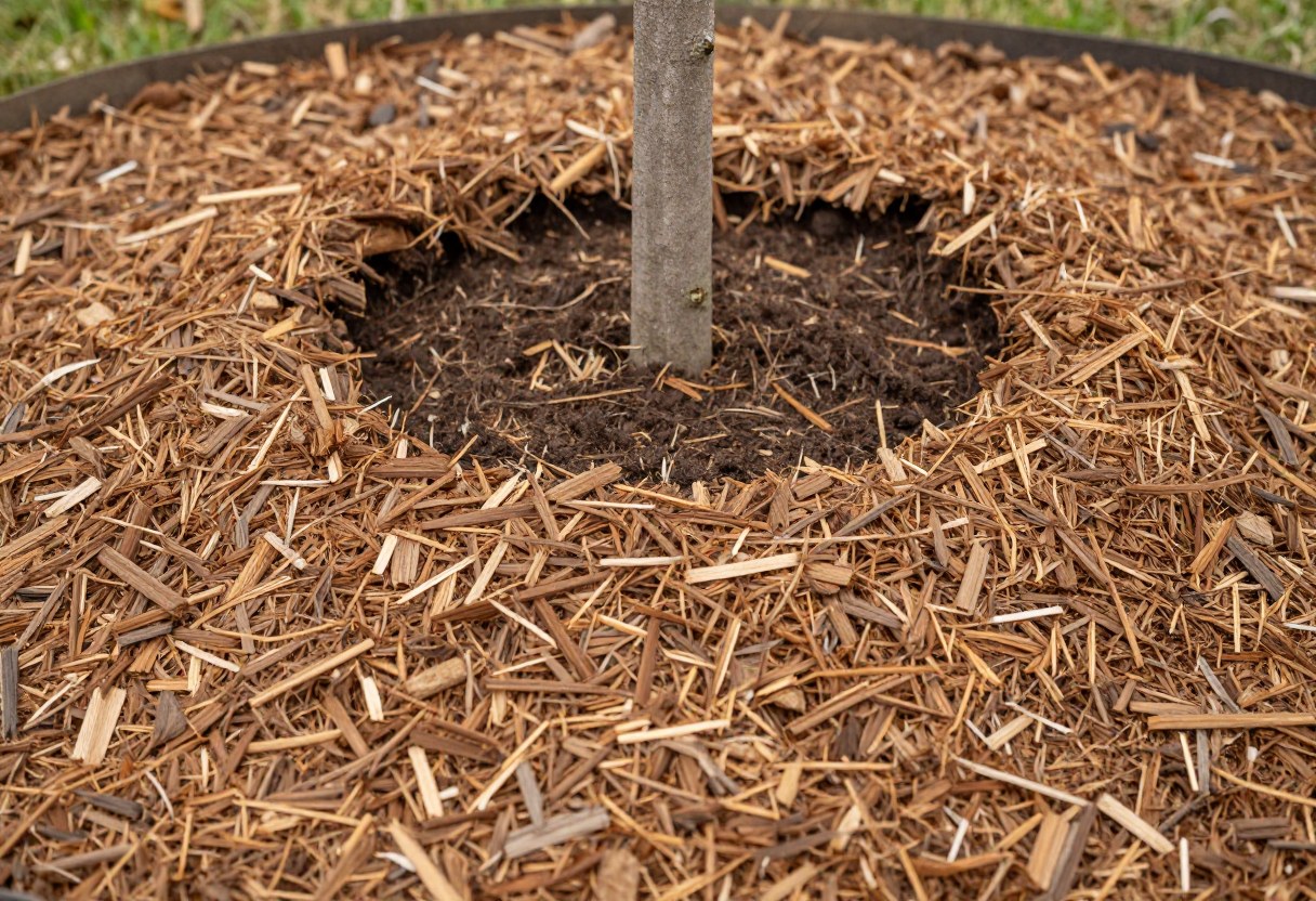 Coarse fresh wood chip mulch spread around the base of a young tree