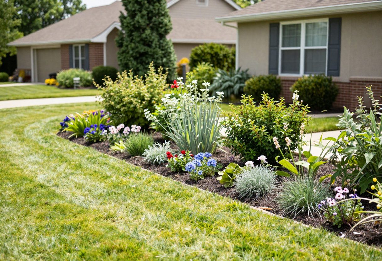 A section of lawn converted into a native shrub and perennial border in a suburban yard