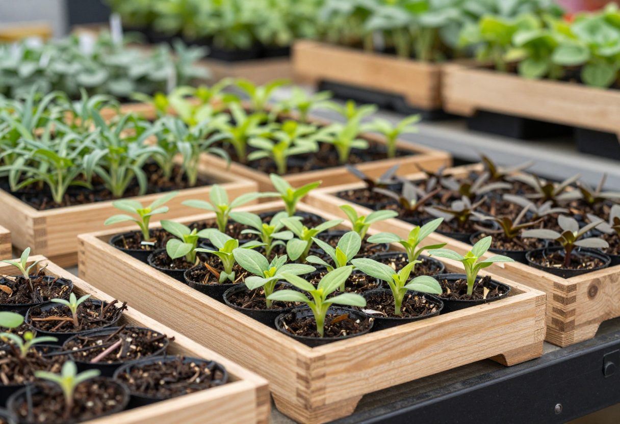 Trays of small native plant seedlings for sale at a local native plant nursery event