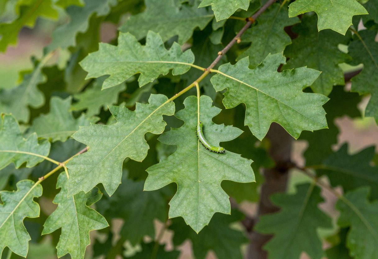 A mature native oak tree with a caterpillar visible on a leaf, in a garden setting