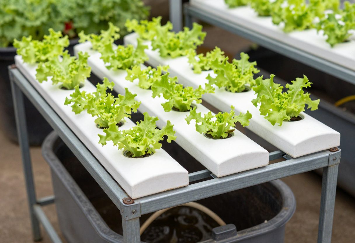 A small NFT hydroponic system with sloped white channels on a stand and a reservoir with tubing below