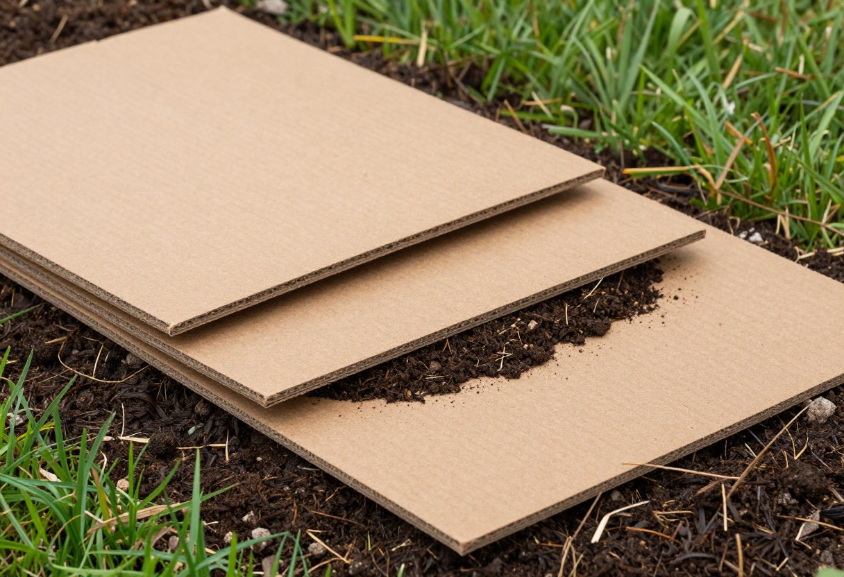 Overlapping sheets of cardboard being covered with a thick layer of dark compost to smother lawn grass