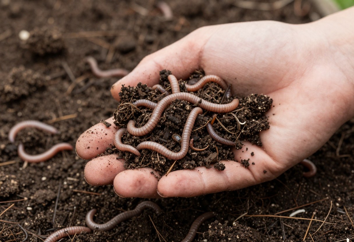 Close-up of dark crumbly garden soil full of earthworms and organic matter