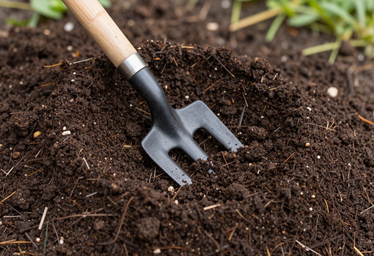 A pile of dark, crumbly, finished compost with a garden fork resting in it