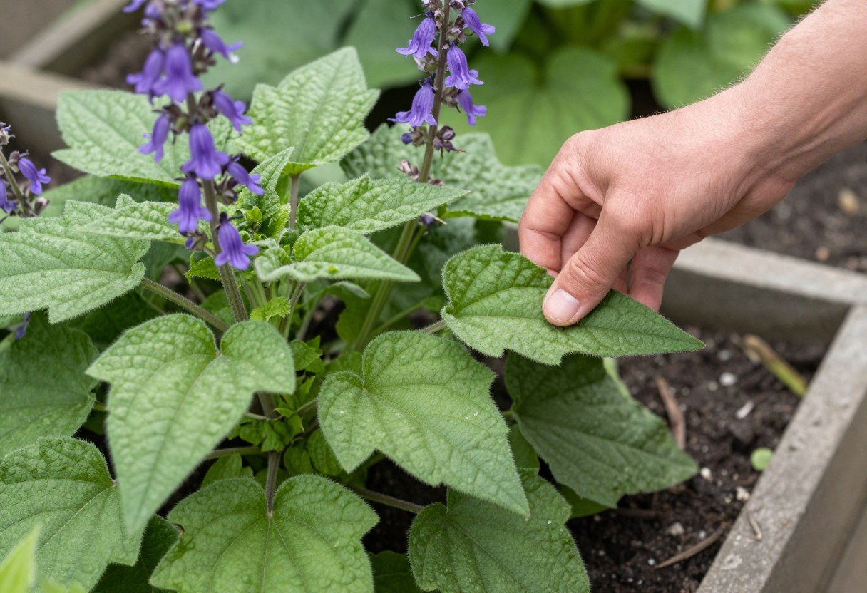 A hand harvesting a single fuzzy comfrey leaf from a comfrey plant with purple bell-shaped flowers