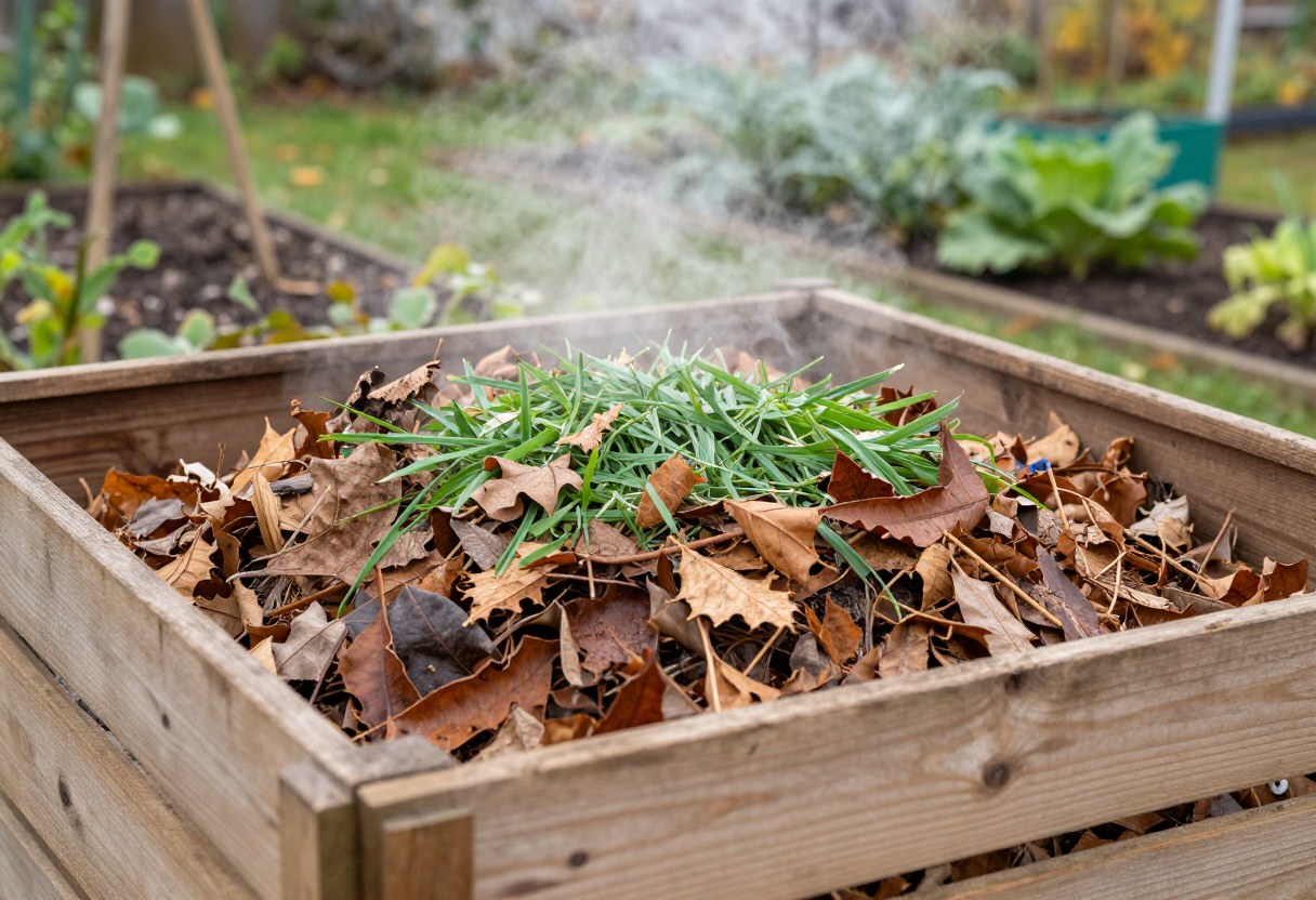 A wooden compost bin layered with brown dried leaves and green grass clippings, steam rising from active hot composting