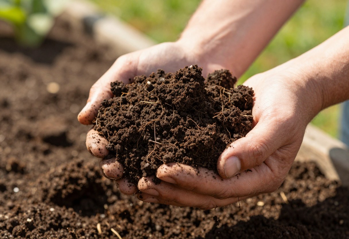 Gardener's hands cupping a mound of rich dark crumbly finished compost