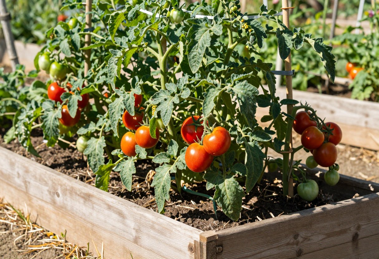 A raised wooden garden bed of healthy staked tomato plants heavy with ripening red tomatoes, mulched with straw