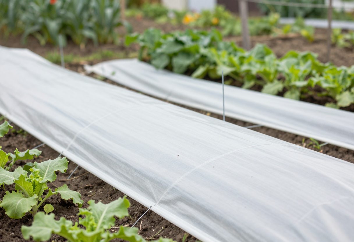 White floating row cover draped over young vegetable seedlings in a garden bed