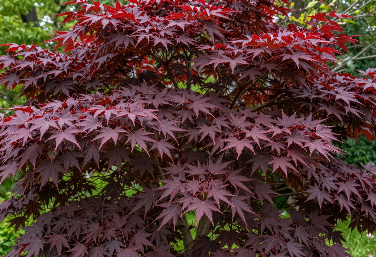 A Japanese maple tree with deep red-purple lace-leaf foliage in a garden setting