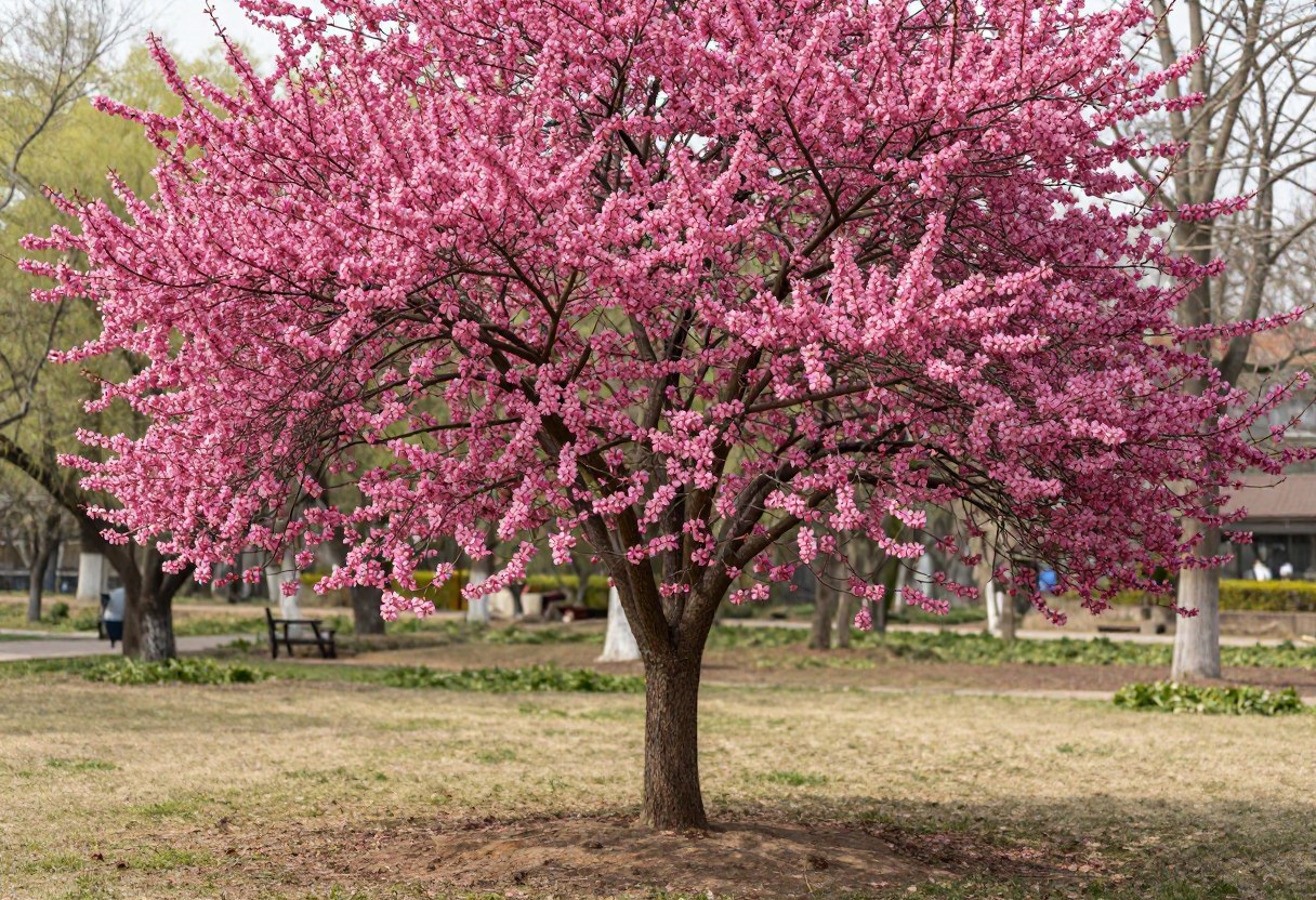 A single flowering redbud tree in full magenta bloom standing alone as a specimen on a lawn