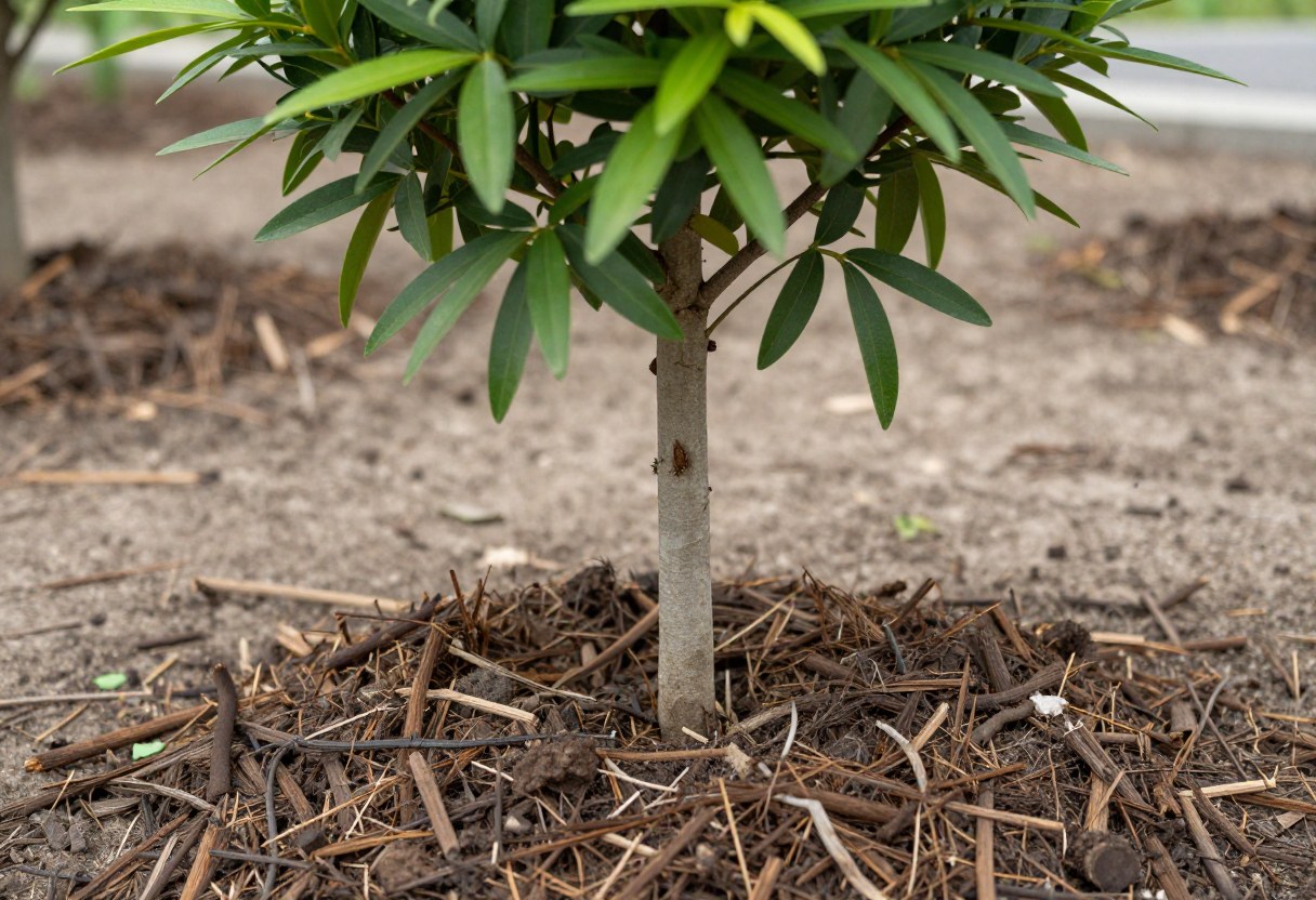 A newly planted ornamental tree with its root flare clearly visible above the soil line