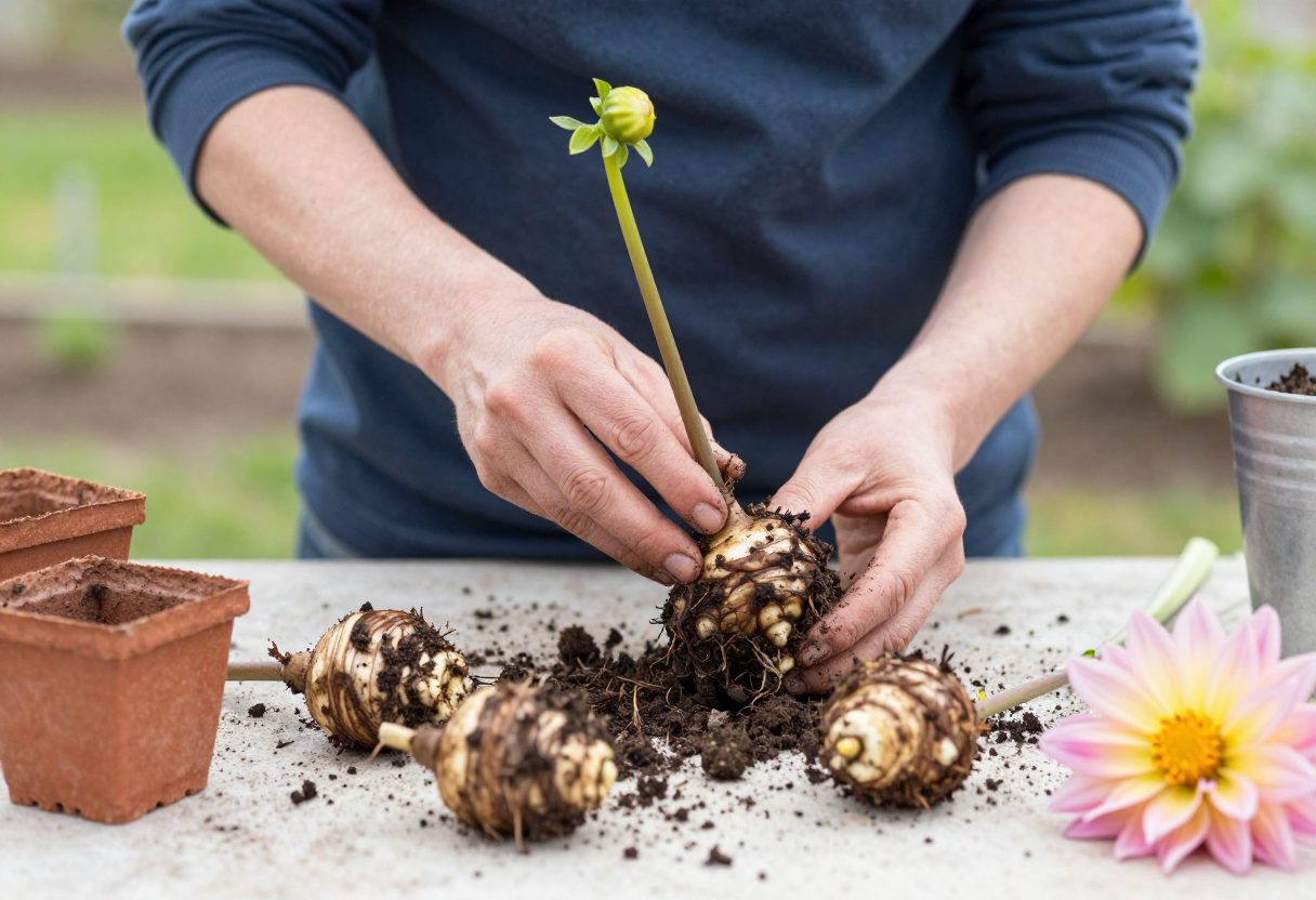 A gardener dividing a dahlia tuber clump in spring, showing individual tubers with visible eyes