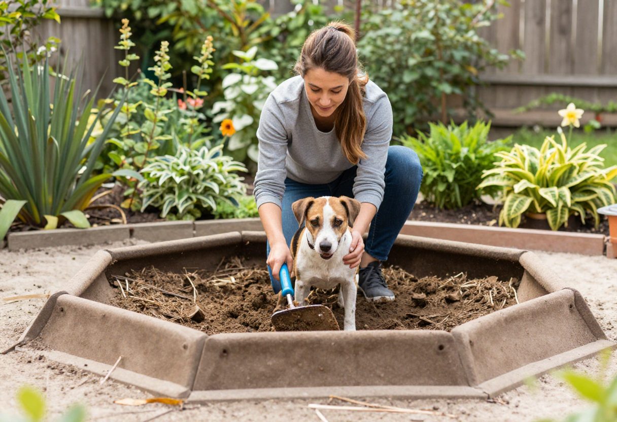 A dedicated sandbox-style digging zone for a dog in a backyard garden