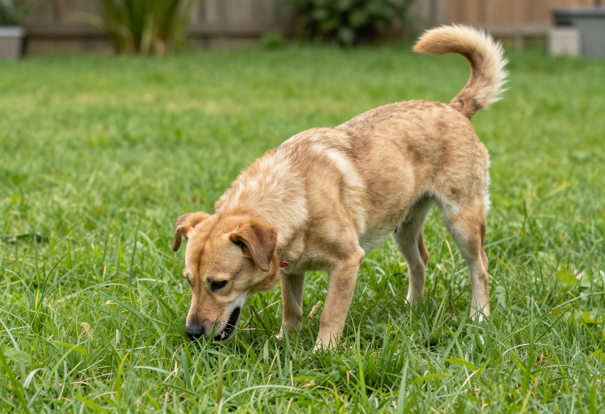 A dog eating grass in a well-maintained untreated lawn area