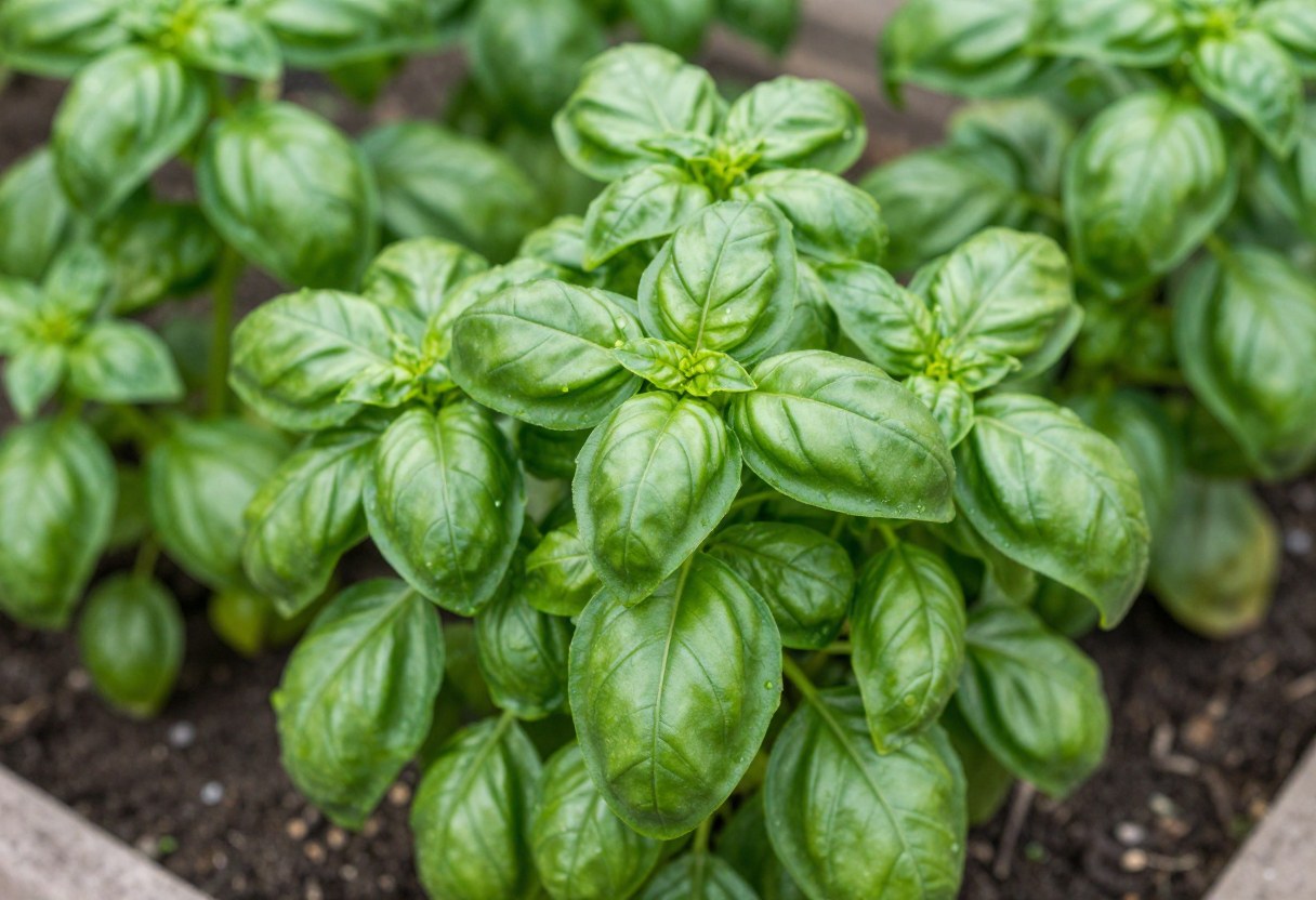 A lush bushy Genovese basil plant with broad green leaves growing in a garden bed