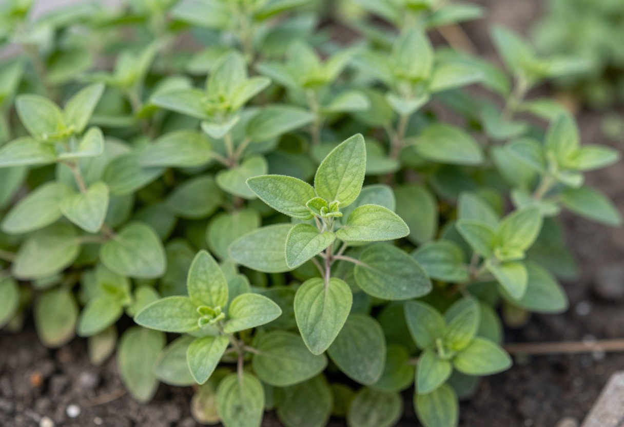 Close-up of small aromatic Greek oregano leaves growing in a garden bed