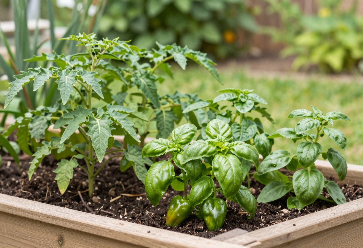 A raised bed garden planted with tomatoes, basil, peppers, and oregano growing together