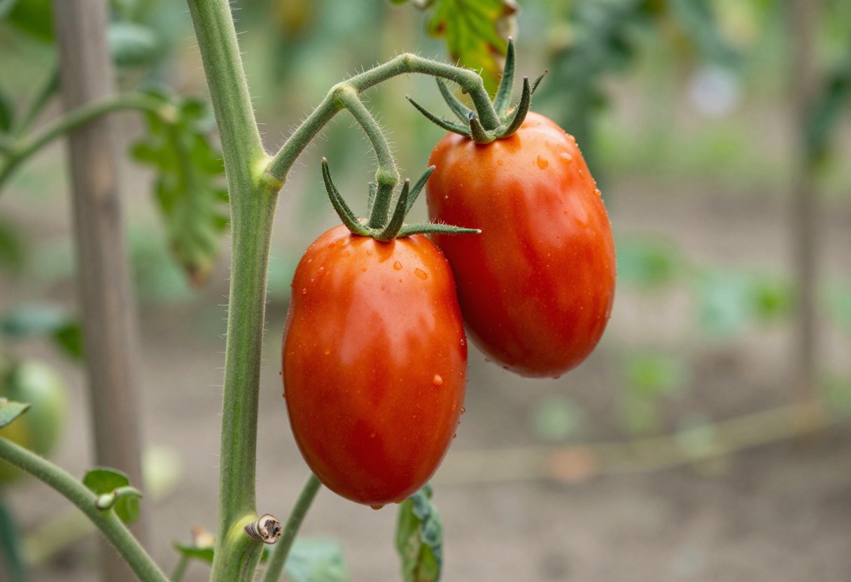 Elongated red San Marzano paste tomatoes ripening on the vine
